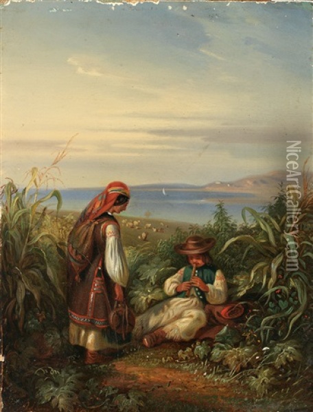 Dalmatinische Kuste Mit Paar In Tracht Oil Painting - Eugen Adam