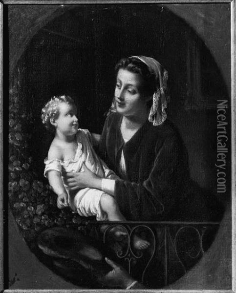 A Mother And Child On A Balcony, In A Painted Oval Oil Painting - Johann Friedrich A. Tischbein