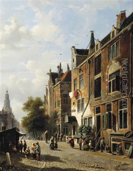 A Sunny Day With Figures In An Amsterdam Street, The Westerkerk Beyond Oil Painting - Adrianus Eversen