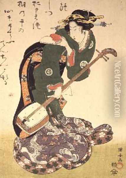 Courtesan with musical instrument Oil Painting - Utagawa Kuniyoshi