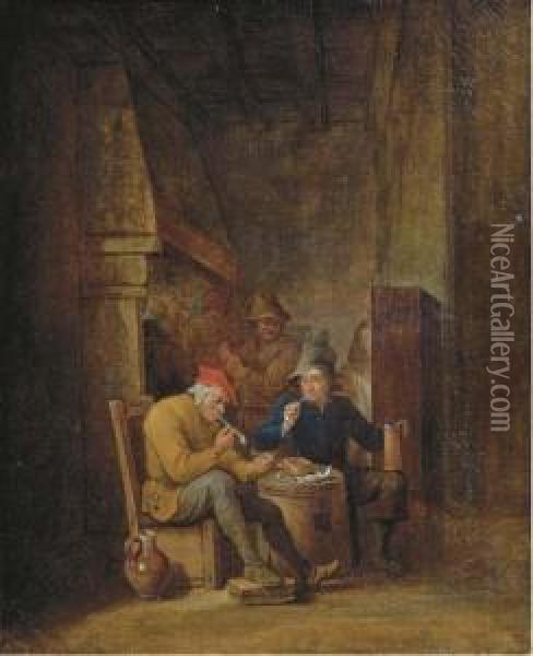Peasants Smoking And Drinking In An Interior Oil Painting - Cornelis Mahu