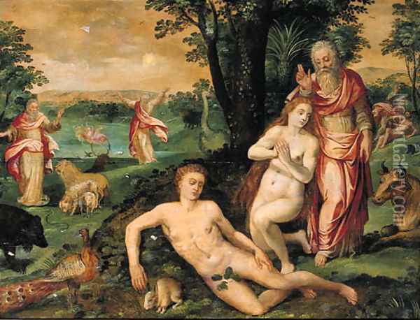The Creation of Eve, with the Creation of the Sky, the Earth, the Animals and Adam beyond Oil Painting - Maerten De Vos