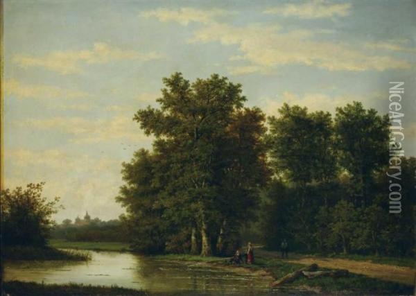 Landschaft Mit Anglern. Oil Painting - Marianus Adrianus Koekkoek