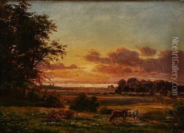 Landskab Ved Solnedgang Oil Painting - Carsten Henrichsen