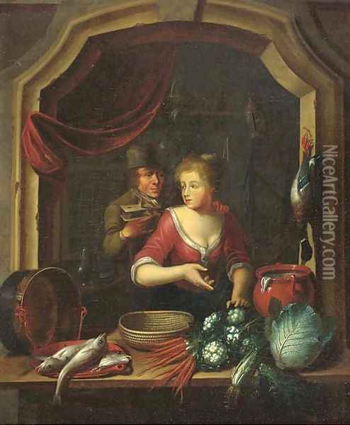 A woman cleaning vegetables and fish by a window, a man holding a birdcage nearby Oil Painting - Willem van Mieris