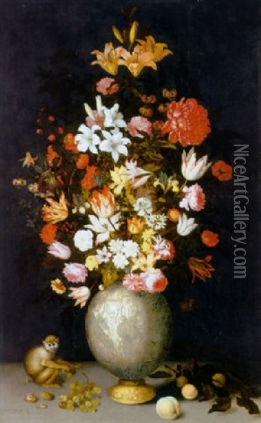 Lilies, Roses, Irises, Tulips, Narcissi, Carnations And Other Flowers In A Chinese Celadon Ormulu-mounted Vase On Ledge Oil Painting - Balthasar Van Der Ast