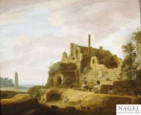 Extensive Landscape With Ancient Ruins And Goatherds Oil Painting - Pieter Anthonisz van Groenewegen