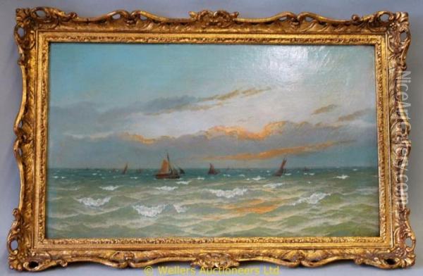 Fishing Vessels Under Sail In Choppy Seas Oil Painting - David James