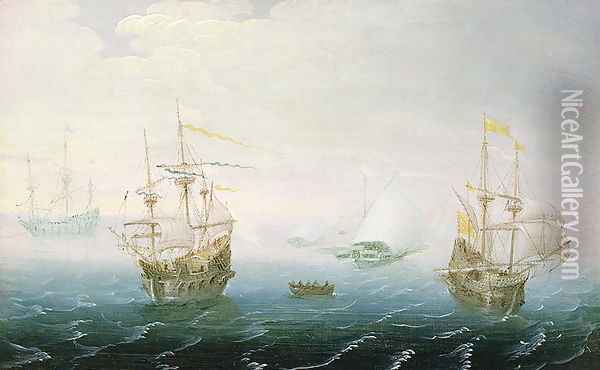 Shipping on Stormy Seas Oil Painting - Aert van Antum