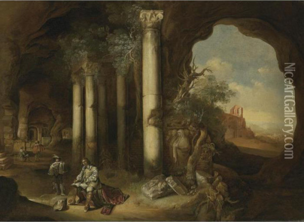 A Grotto With An Artist Sketching Amongst Classical Ruins Oil Painting - Abraham van Cuylenborch