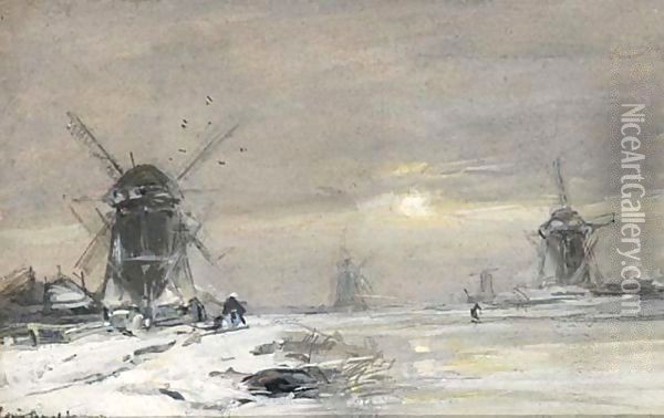Windmills In A Winter Landscape Oil Painting - Louis Apol