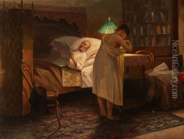 At The Bed Oil Painting - Illarion Mikhailovch Pryanishnikov