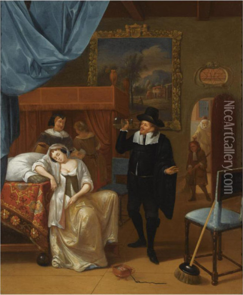 A Bedroom Interior With An Ill Lady And A Doctor, Other Figures Inthe Background Oil Painting - Hendrik Carree