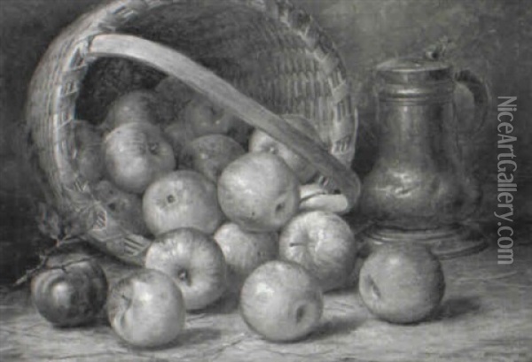 A Basket Of Apples With Copper Stein Oil Painting - August Laux