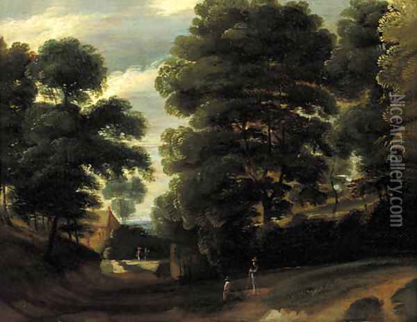 Travellers on a road in a wood, a farm beyond Oil Painting - Jaques D'Arthois