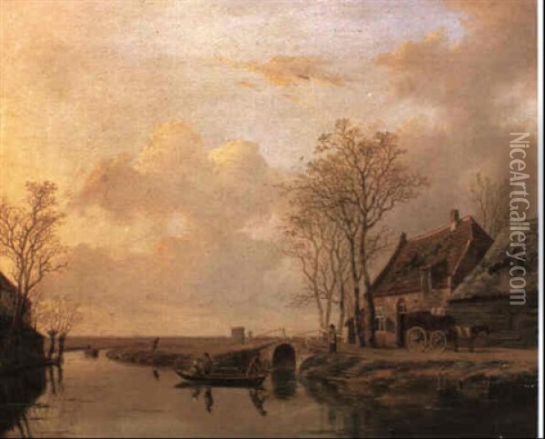 An Extensive River Landscape With Figures In A Boat And Horse And Cart Oil Painting - Andreas Schelfhout