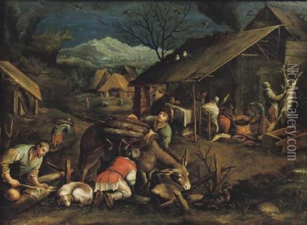 An Allegorey Of Autumn: Peasants Chopping Wood And Slaughtering A Pig In A Village Oil Painting - Jacopo Bassano (Jacopo da Ponte)