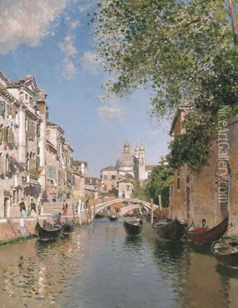Gondolas On A Canal, Venice Oil Painting - Martin Rico y Ortega