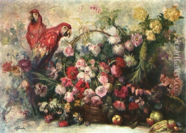 Blumenstillleben Mit Papagei Oil Painting - Otto Maria Porsche
