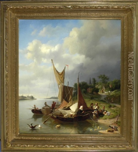 Idyllischer Bootsausflug - Familie Am Flussufer Mit Entenfamilie, Im Hintergrund Ein Dorf Oil Painting - Gustav Sues