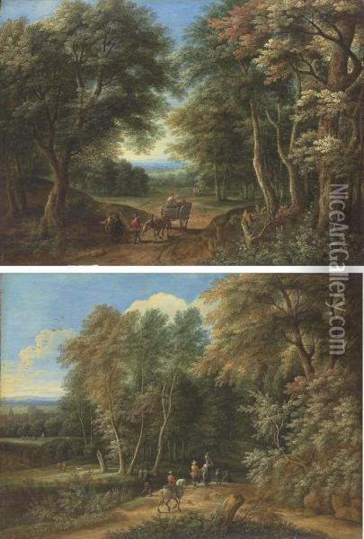 A Wooded Landscape With Travellers And A Cart And Horse Oil Painting - Adriaen Frans Boudewijns
