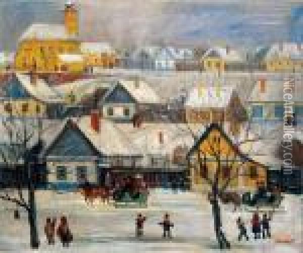 Village In Winter Oil Painting - Tibor Polya