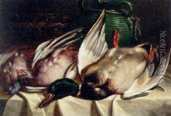 Nature Morte Med Fugle Og Gron Vase Oil Painting - William Hughes