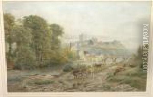 View Of Richmond Castle With Cattle Watering Beside The River Swale Oil Painting - Ebenezer Wake Cook