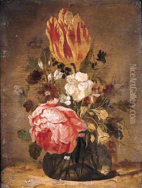 A tulip, a rose, a violet and other flowers in a glass vase on a wooden table Oil Painting - Jacques de Claeuw