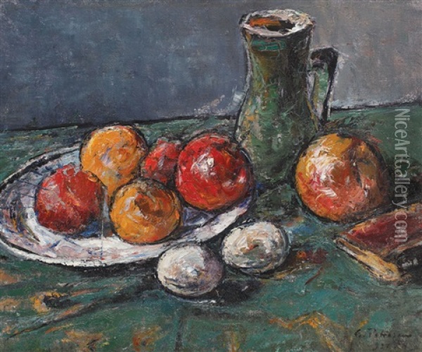Still Life With Fruits, Vase And Book Oil Painting - Gheorghe Petrascu