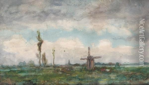 Landscape With Windmill Oil Painting - Jan Hendrik Weissenbruch