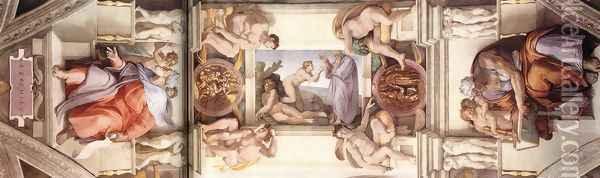 The fifth bay of the ceiling 1508-12 Oil Painting - Michelangelo Buonarroti