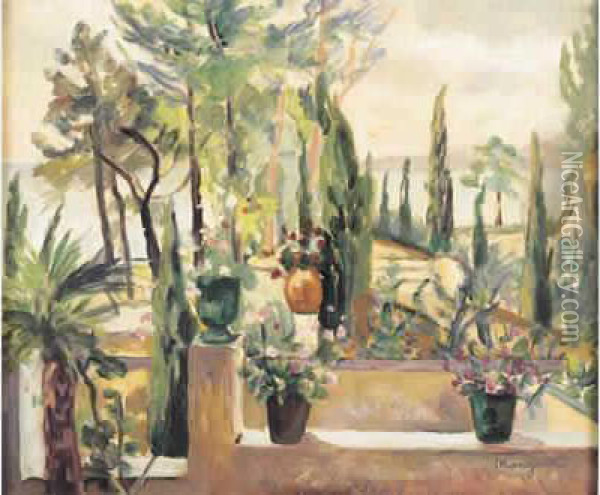 Saint-tropez- La Terrasse De L'atelier A L'oustalet- Oil Painting - Henri Charles Manguin