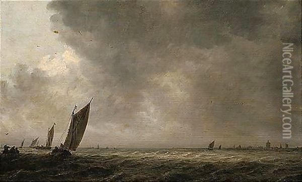 An Estuary Scene With A Smalschip And Other Fishing Vessels In A Breeze Oil Painting - Jan van Goyen
