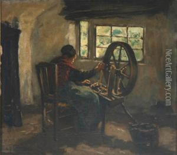 Interieur Mit Alter Frau An Einem Spinnrad Oil Painting - Carolus Johannes Thysen