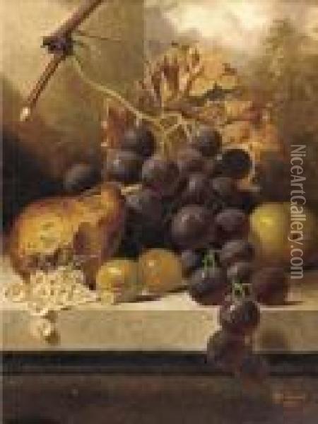 Grapes, A Pear, Gooseberries And An Apple On A Marble Ledge Oil Painting - Henry George Todd