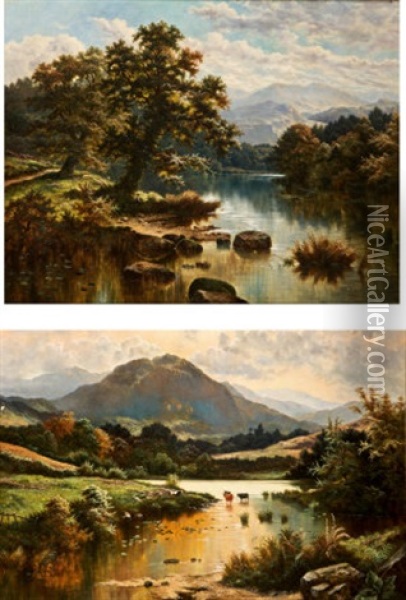 Welsh River Landscape With Mountainous Backgrounds; Pair) Oil Painting - Horace Mann Livens