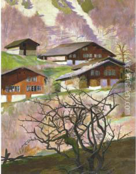 Chalets Dans Un Paysage A L'arbuste Gris Oil Painting - Ludwig Werlen