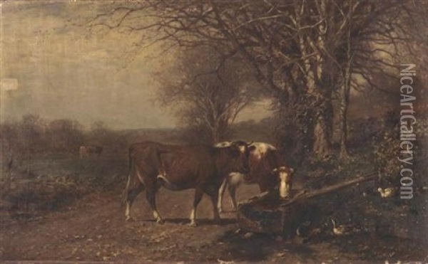 Cows At A Trough Oil Painting - James McDougal Hart