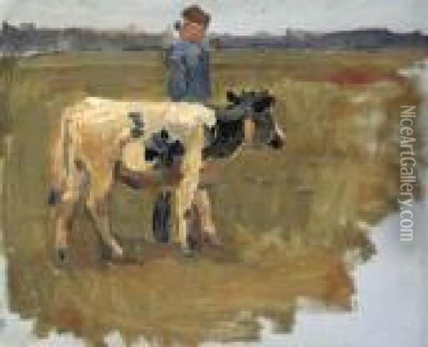 A Lad And A Cow In The Meadow Oil Painting - Isaac Israels