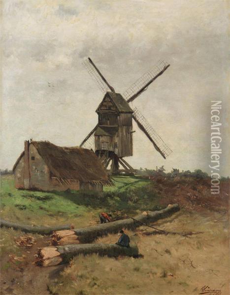 Lumberjacks Near A Wind Mill Oil Painting - Frans Van Damme