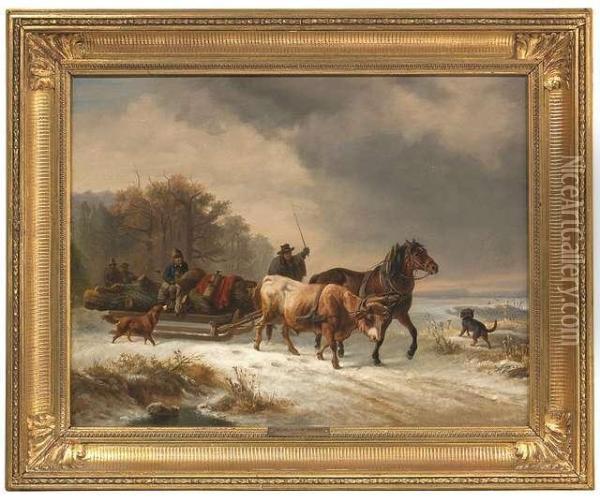 Wintry Landscape With A Carriage Drawn By A Horse And An Ox Oil Painting - Wilhelm Alexander Meyerheim