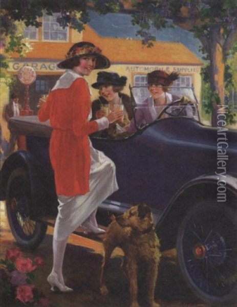 Women And Dog Pausing For Refreshing At Service Station Oil Painting - Charles M. Relyea