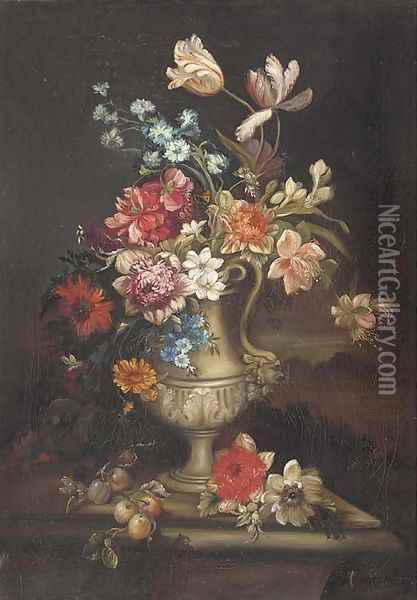 Tulips, carnations and other flowers in a vase with a butterfly and a dragonfly on a ledge Oil Painting - Gaspar-pieter The Younger Verbruggen