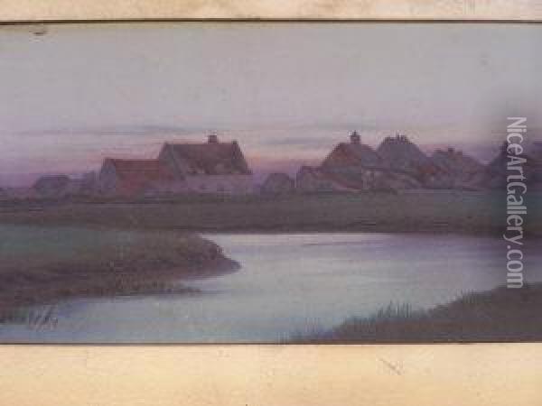 Cottages By A River At Sunset Oil Painting - Ida Marion Kirkpatrick