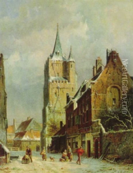Winterliches Stadtmotiv Mit Figurlicher Staffage Oil Painting - Adrianus Eversen