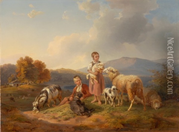 Madchen Und Knabe Mit Hirtenhund, Ziege Und Schafen Oil Painting - Benno Raffael Adam