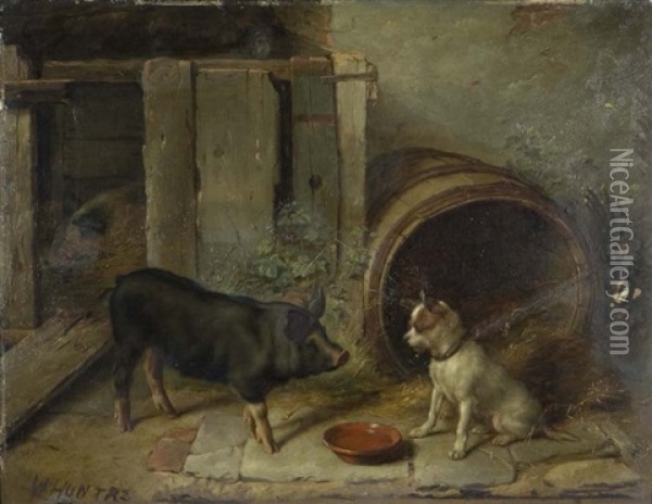 A Piggy And A Doggy Oil Painting - Walter Hunt