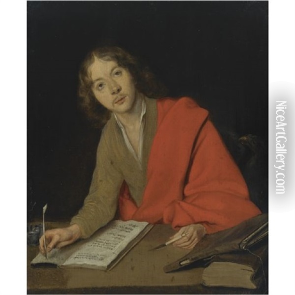 Saint John The Evangelist Writing At A Table, Together With An Eagle Oil Painting - Gerard ter Borch the Younger