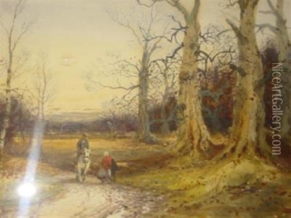 Autumnal Woodland With Figures Oil Painting - William Manners